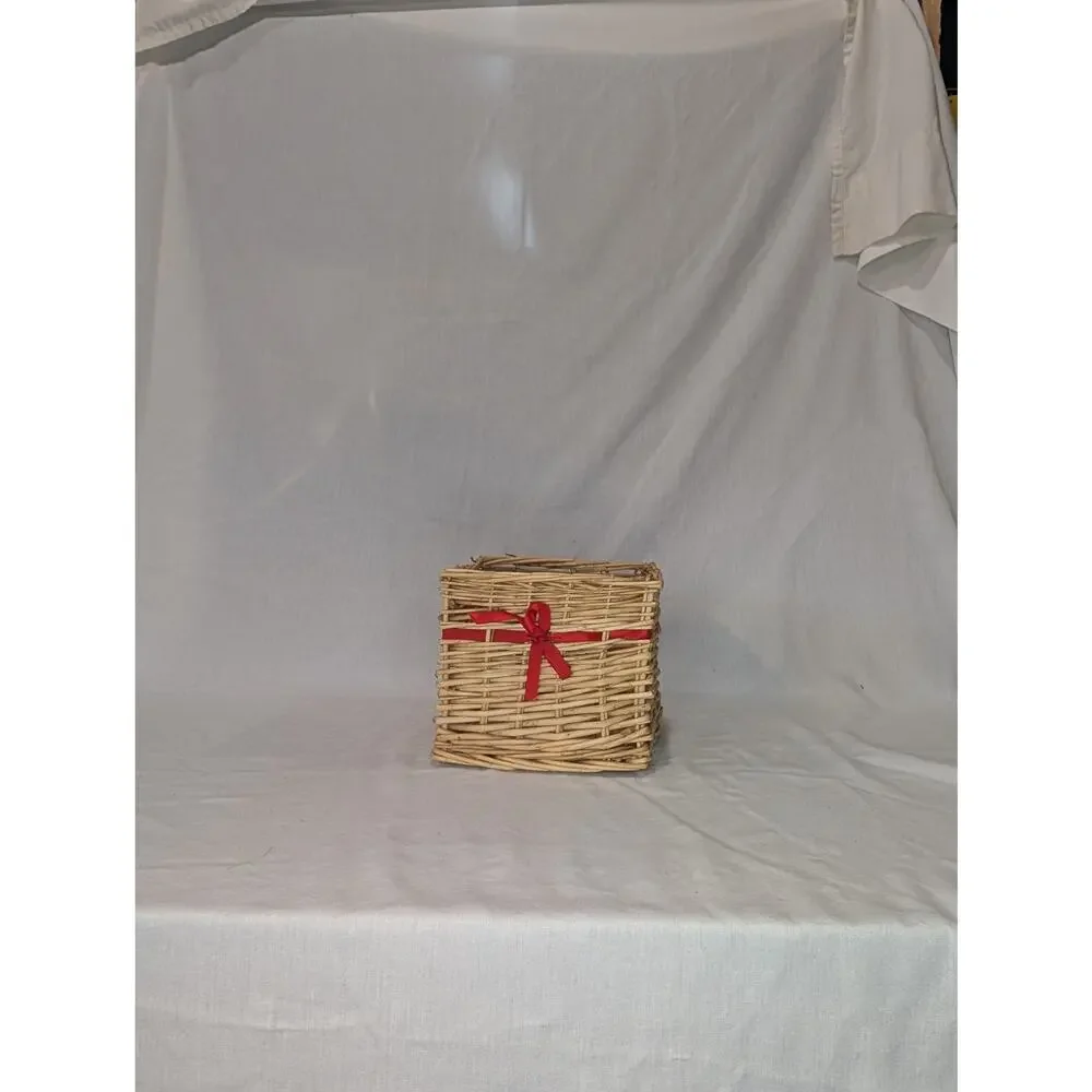 Woven Wicker Basket Red Ribbon Rustic Farmhouse Decor